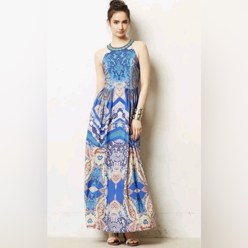 Anthropologie Ranna Gill Blue Multicolor Embellished Neckline in Size 4